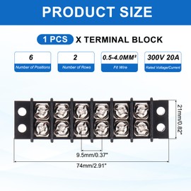 sourcing map Terminal Block 300V 20A Dual Rows 6P Circuit Screw Terminals Barrier Strip PA66 for Wire Connect, 74mm x 21mm x 13mm