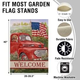 Artofy Welcome Summer American Red Truck 4th of July Decorative House Flag, Garden Yard Lawn Patriotic America Dog Outside Decor, USA Spring Home Outdoor Large Burlap Decoration 28x40
