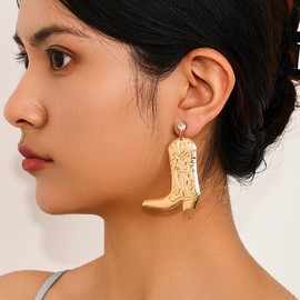 Gold Western Cowboy Boots Earrings for Women Girls CZ Hypoallergenic Lightweight Bohemian Charms Cowboy Shoes Dangle Studs Earring Retro Minimalist Engraved West Cowgirl Fancy Jewelry Party Gifts