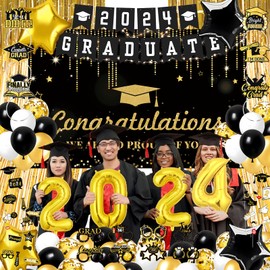 101 pcs Graduation Party Decorations Black and Gold Class of 2024 Graduation Party Supplies Include Grad Backdrop, Banner, Porch Sign, Balloons, Foil Number 2024 for Congrats Grad Party Supplies