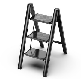 GameGem 3 Step Ladder, Folding Step Stool with Wider Pedal, Anti-Slip Feet & Non Slip Stripes, Aluminum Sturdy Material, 300Lbs Capacity, Elegant Look of Piano Black Better Matches Your Home