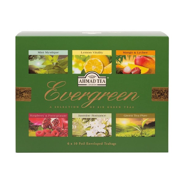 Ahmad Tea Green Tea, Evergreen Selection Pack Teabags, 60 Foil Teabags - Caffeinated and Sugar-Free