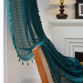 Deeprove Boho Curtain Valance 18 Inch Length for Kitchen Cafe, Short Bohemian Sheer Lace Crochet Curtain Knitting Handmade Tassels for Dinning Room, Vintage Chic Decor W59 x L18, 1 Panel Emerald Green