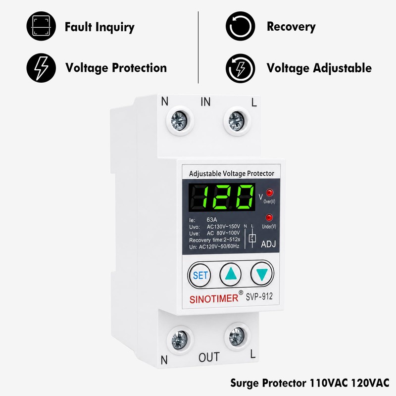 SINOTIMER Adjustable Voltage Surge Protector 110VAC 120VAC, Relay with LED