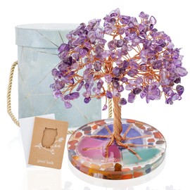 ZenBless 7 Chakra Healing Crystal Stones Tree, Amethyst Leaf Wire Wrapped on Natural Agate Slice Base, Home Decor Desk Room Feng Shui Wealth Luck Spritual Gifts for Valentine's Day Birthday Women