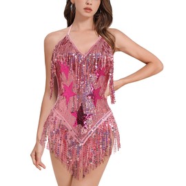 ABEHIK Women Sequin Fringe Romper Sparkly Glitter Bodysuit Halter V-Neck Backless Shorts Dress Disco Birthday Dance Outfit, Pink, Small