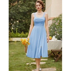 Belle Poque Vintage Midi Dresses for Women 1950s Light Blue Spaghetti Strap Sleeveless Summer Casual Sundress X-Large