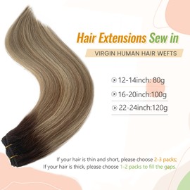 Licoville Human Hair Extensions Sew in Balayage Blonde Hair Bundles Full Head Straight 12 Inch 80grams Hand Tied Weft Hair Extensions Ombre Brown to Light Blonde Highlighted Weave