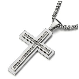 COOLSTEELANDBEYOND Men Women Large Stainless Steel Cross Pendant Necklace with Cubic Zirconia, 30 inch Wheat Chain