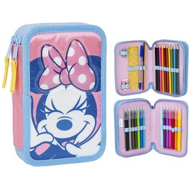 Minnie Mouse Pink Pencil Case with 3 Compartments 12.5 x 4.5 x 19.5 cm Polyester and PVC with Zip + Accessories Original Product Designed in Spain Pink Pencil Case with 3 Compartments, pink, Minnie