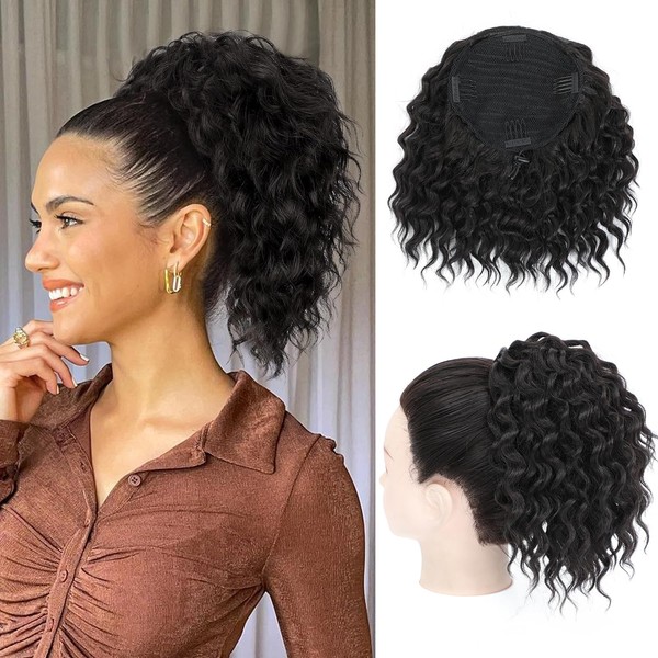 MS TAJ Pferdeschwanz-Extensions,Curly drawstring Ponytail Extension, 20cm Natural Black Natural
