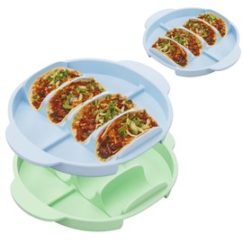 Silicone Taco Holders Set of 2: 4-Slot Reusable Taco Plates with 4 Dividers for Party Birthday Fiesta Hard Soft Shell Stand Upright Serving Tray Round with Handle for Kitchen Blue Green