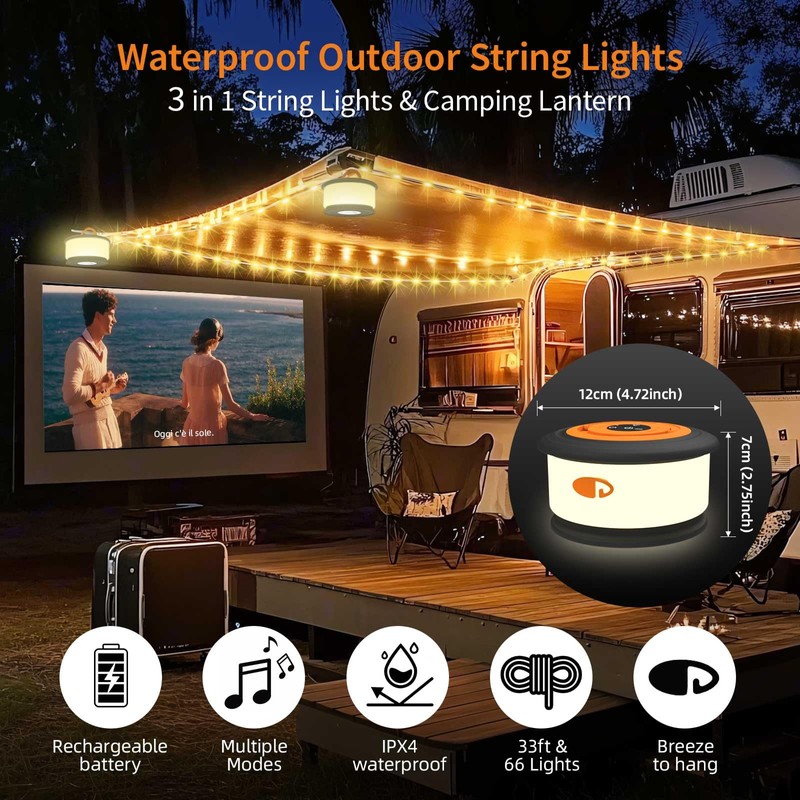 TOHETO Camping String Lights, 3 in 1 Upgraded Retractable RGB