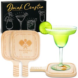Pickleball Drink Coasters, 2 Pack, Pickleball Gift for Men Women Pickleball Lovers, Party Decoration, Birch Wood Coaster Set, 4.3 x 4.3”, Paddle Shape with Handle