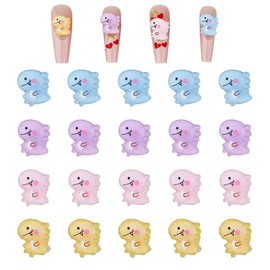 SUPERFINDINGS 80 Pieces 4 Colours Glitter Dinosaur Nail Pendants Translucent Resin Cabochons Pink Blue Purple Yellow Nail Art Decoration Accessories 3D Dinosaur Nail Plugs