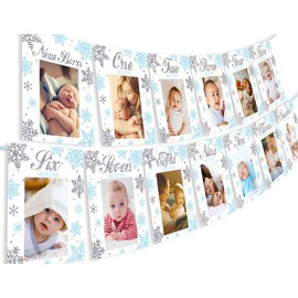 Kreatwow Winter Onederland Birthday Decorations Snowflake First Birthday Photo Banner - Monthly Newborn to 12 Months Banner Clips for Snowflake Themed 1st Birthday Party Decorations