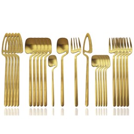 JASHII Silverware Set Satin Finish 24-Piece Stainless Steel Flatware Set Kitchen Utensil Set Service for 6 Tableware Cutlery Set Dishwasher Safe (Matte Gold)