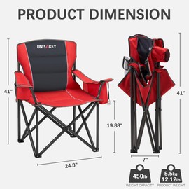 Unisakey Oversized Folding Camping Chair for Adults - 450lbs Support - Heavy Duty Portable Lawn Chairs with Side Pocket Cup Holder Cooler Bag for Sports Garden Beach Fishing, Red 2 Pack