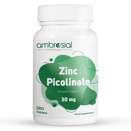 Ambrosial Zinc Picolinate 30mg | High Strength Zinc Mineral Supplement for Immune Support Bones, Hair, Skin & Nails (Pack of 1-180 Tablets)