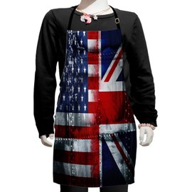 Ambesonne Union Jack Apron, Grunge Industrial Themed Composition of UK and USA Flags Vintage Print, Small Apron Bib with Adjustable Ties for Baking Painting, Small Size, Navy Blue White Red