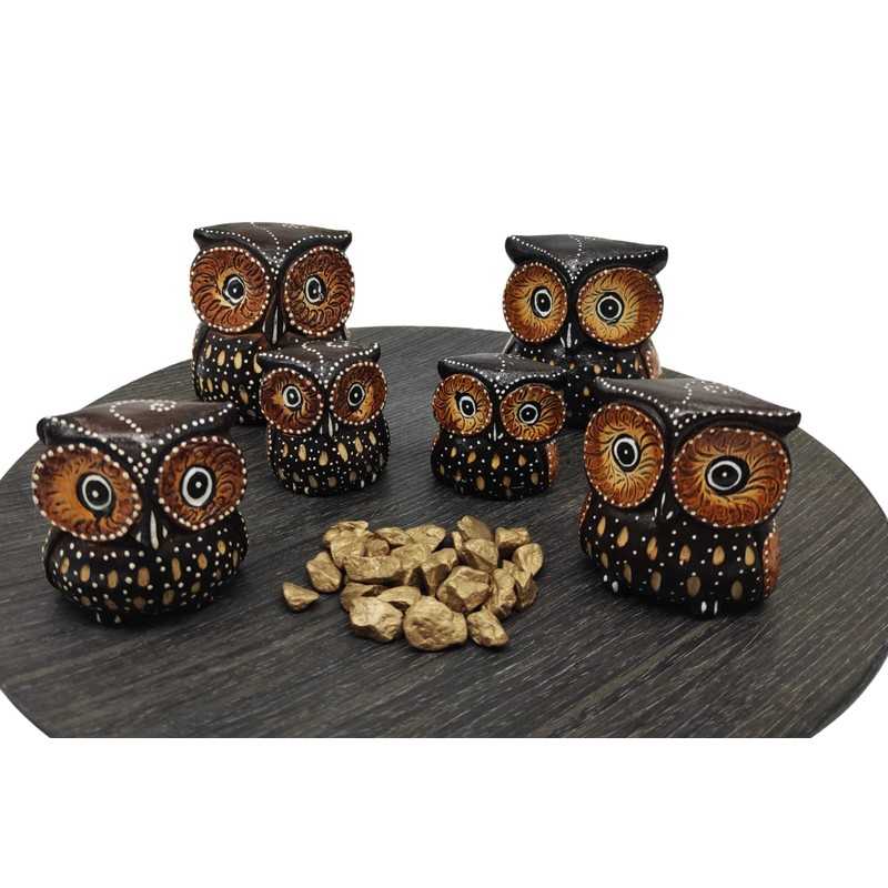 SusggO Set of 6 Small Wooden Owls - 3 Sizes