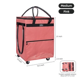 TCOMAKE Reusable Grocery Bag on Wheels, (Medium, Pink) Rolling Shopping Bags with Wheels and Handle, Folding Rolling Tote Trolley, 3 Pockets and Zipper Cover, Carries Up to 46 LBS