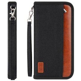Travel Wallet Passport Holder,RFID Blocking Family Passport Holder for 5,Waterproof Travel Document Organizer,Zipper Credit Vaccine ID Card Slot Passport Wallet Case with Wristlet Strap for Women Men