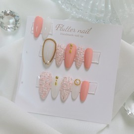 Pink tweed gold point handmade nail tip - Petit round / 핑크 트위드 골드포인트 수제네일팁 - 쁘띠라운드