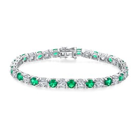 AGRULE May Birthstone Bracelet 7.25 Inch Length Sterling Silver Brillant Diamond Accented 5mm Round Cubic Zirconia and Green Emerald Tennis Bracelet for Women, 22.2 Cttw