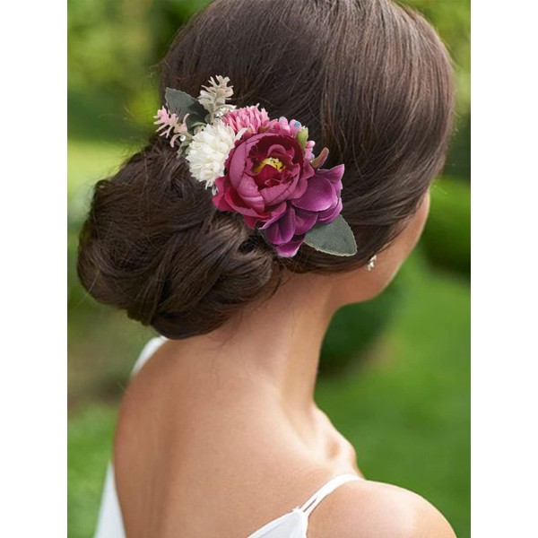 Latious Flower Bride Wedding Hair Comb White Floral Bridal Hair Clip Leaf Hair Piece Rose Hair Accessories for Women and Bridesmaids (Purple)