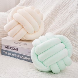 FSRONGXI 2 Pcs Knot Cushion Balls - Cute Aesthetic Decorative Knotted Ball Throw Pillow for Bed Aesthetic Couch Round Kissen for Home Decor Living Room (Cream White & Green, 20cm)