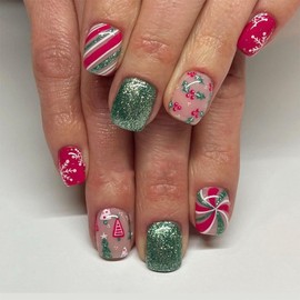 Christmas Press on Nails Short Fake Nails Red Green Christmas False Nails with Glitter Design Holly Snowflake Acrylic Nails Cute Xmas Tree Glue on Nails New Year Stick on Nails for Women Manicure