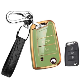 HIBEYO for Volkswagen Foldable Key Fob Cover Key Fob Case Campatible with Arteon Atlas AtlasGolf Jetta Passat Tiguan Flip 3 Button Key for Volkswagen Accessories-Green