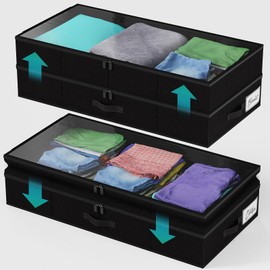 【Height Adjustable】2 Pack Under Bed Storage Containers,2 Layers Extensible Underbed Storage Bins,Clothes Storage Bins,Sturdy Sidewalls/Bottom,Clear Window for Shoes Storage Organizer(4 compartments)