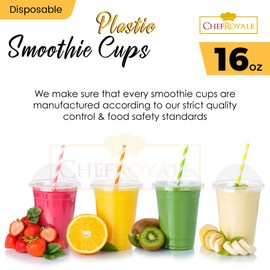 CHEF ROYALE 100 x 16oz Plastic Smoothie Cups with Dome Lids - Reusable Plastic Cups with Lids - Smoothie Cup with Lids for Smoothies and Milkshakes - Recyclable & Disposable Cups, GHK203432