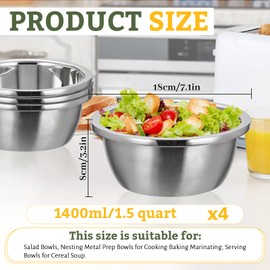 Realand Stainless Steel Bowl Set of 4, Thicker 18/8 Stainless Mixing Bowls 1.5 Quart, Salad Bowls, Nesting Metal Prep Bowls for Cooking Baking Marinating, Serving Bowls for Cereal Soup