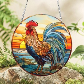 WOHAHA Rooster Sunrise Stained Window Hanging Indoor Outdoor Stained Suncatchers for Window Acrylic Panels Kitchen Bedroom Garden Wall Art Decoration Gifts for Women Mom Grandma Teacher