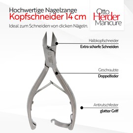 Otto Herder Manicure Stainless Steel Toenail Clippers, Head Cutter Nail Clippers, 14 cm, for Strong Toenails, with Double Spring, Ideal for Foot Care and Pedicure