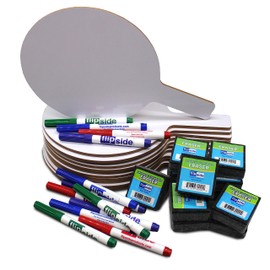 Flipside Products Oval Dry Erase Answer Paddles w/Assorted Color Dry Erase Marker and Erasers, Auction, Handheld Whiteboard, Handle Response Board, 36 Pieces, Set of 12