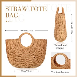 Frienda Straw Tote Bag Summer Beach Bag Handmade Straw Rattan Woven Handbag for Women Travel(10.24 x 5.51 x 7.09 Inch,Khaki)