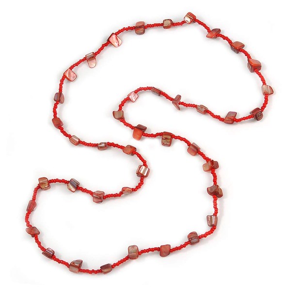 Avalaya Long Red Glass Bead, Sea Shell Nugget Necklace/102cm L