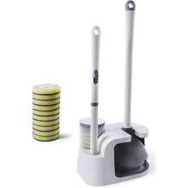 Disposable Toilet Brush and Plunger Combo, Wand Set with 10pcs Refill Heads and Storage Caddy, Compact Toilet Cleaning System ( white with black) - Color: White
