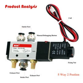 RIH Pneumatics Solenoid Valve 4V210-08 12V/24V/110V Series Single Coil Pilot-Operated Electric 2 Position 5 Way Connection Type (DC12V/Out of line, 1/4"NPT)