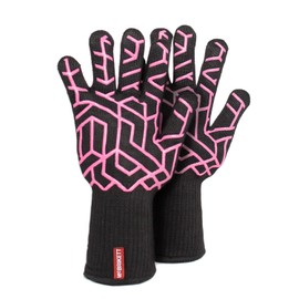 McBrikett Fireproof BBQ Grill Gloves, Heat Resistant Oven Gloves up to 500°C, Black/Pink, Women