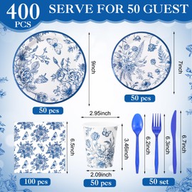 Funnymoom 400 Pcs Blue Floral Party Supplies for 50 Guests Blue Flower Disposable Plates Napkins Cups Spoons Forks Knives for Wedding Garden Tea Party Bridal Shower Baby Shower