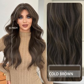 7JHHWIGS 30in Tea Brown Long Wavy Curly Bangs Wigs Natural Mixed Brown Heat Resistant Synthetic Fiber Women Long Wacy Curly Wigs for Chrismas Daily Party Daily Used