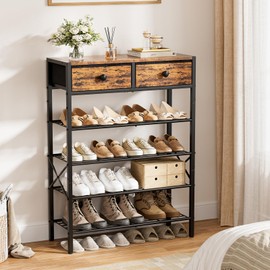 UNITSTAGE Shoe Rack for Entryway, 5 Tier Shoe Organizer with 2 Non-woven Drawers, Metal Storage Shoe Shelf for 16-20 Pairs of Shoes, with Wooden Top and Steel Frame, Shoe Stand for Closet Rustic Brown