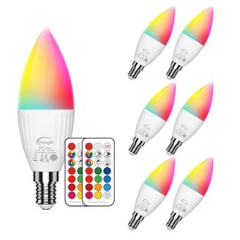E12 LED Candelabra Light Bulbs 5W, Set of 6 Color Changing Candle Bulbs,Small Base B11 40W Incandescent Equivalent, 560 Lumen, RGB + 2700K Warm White, 12 Colors, 2 Modes, Timer, Remote Control