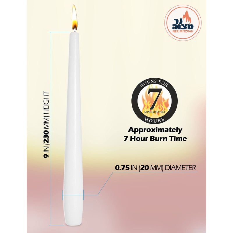Ner Mitzvah Classic 8 Inch Taper Candles for Shabbat, Dinner