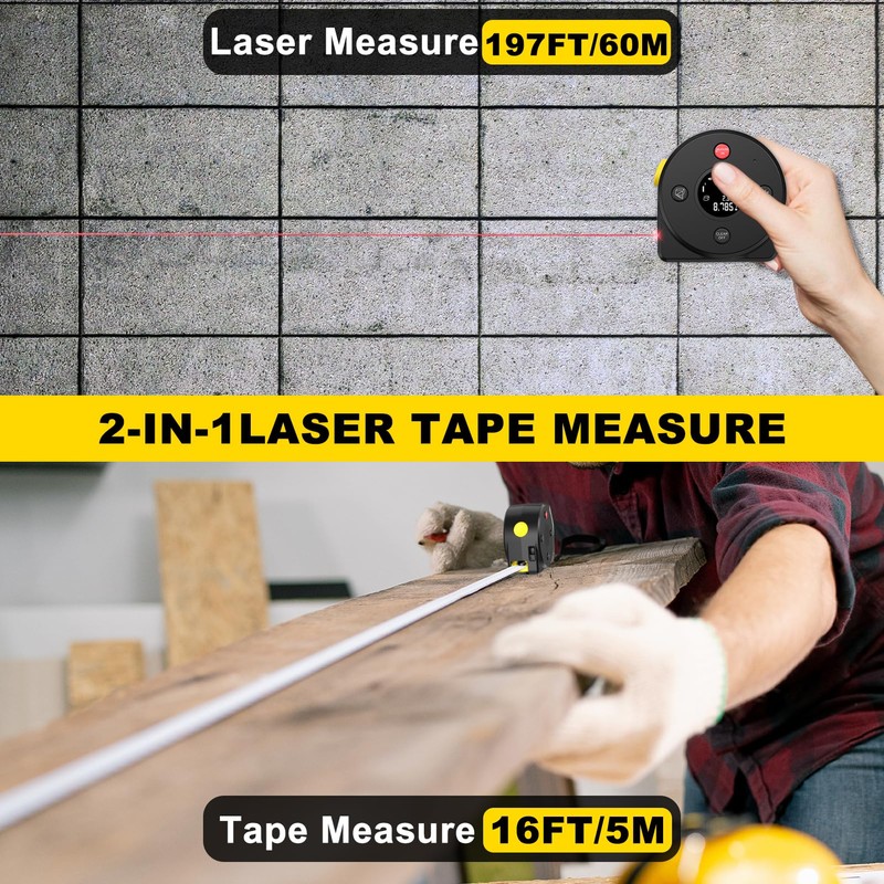 2-in-1 Laser Tape Measure 197Ft Rechargeable Digital Tape Measure A